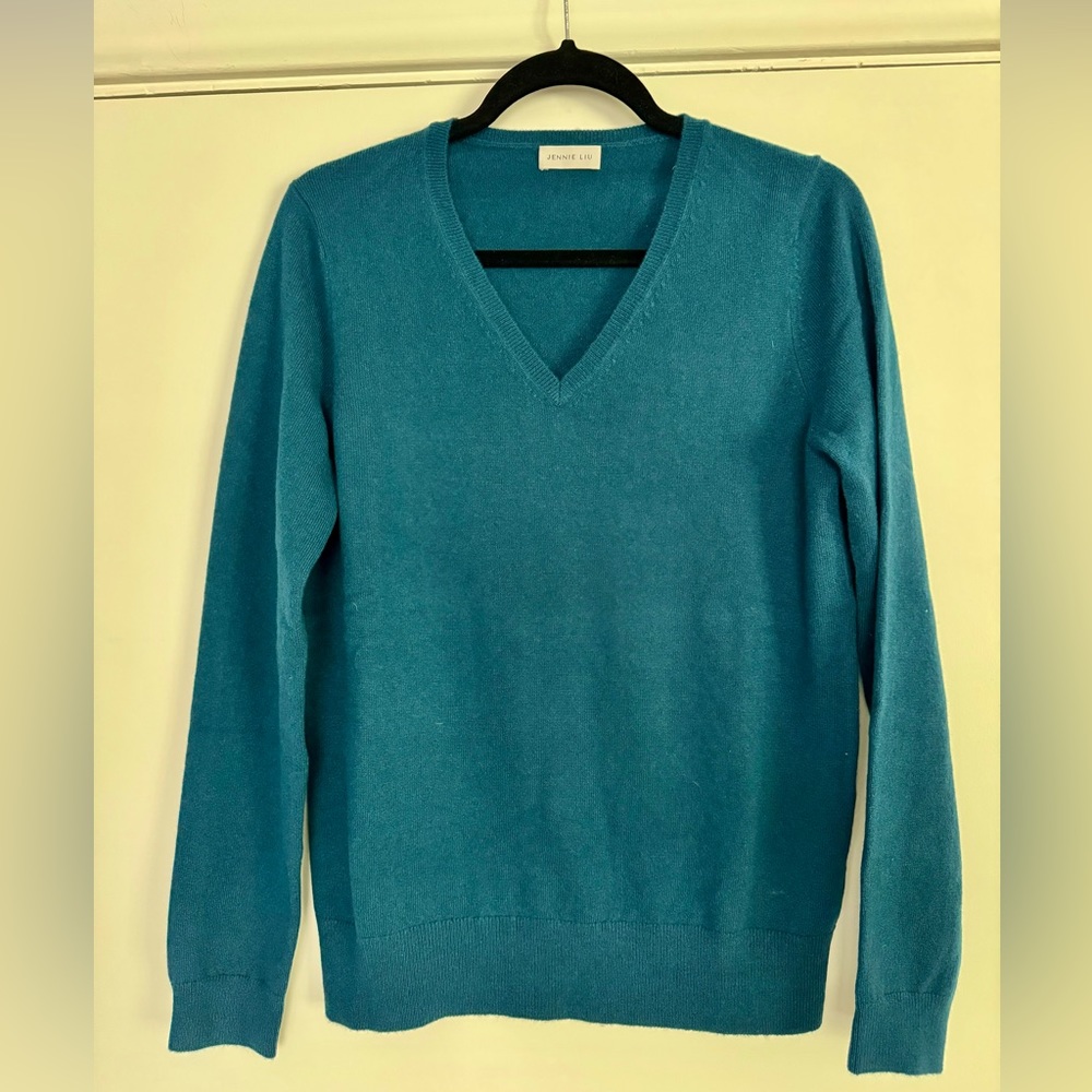 NWT Jennie Liu Teal Cashmere V-neck Sweater size L
